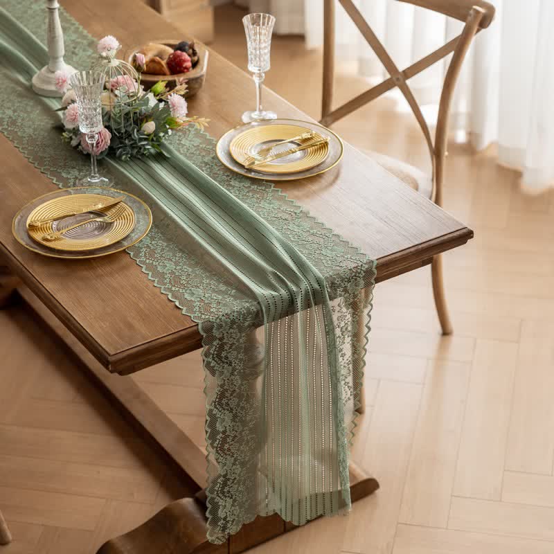 Runner da tavola in pizzo jacquard floreale - Verde - 45 cm x 300 cm - image 8