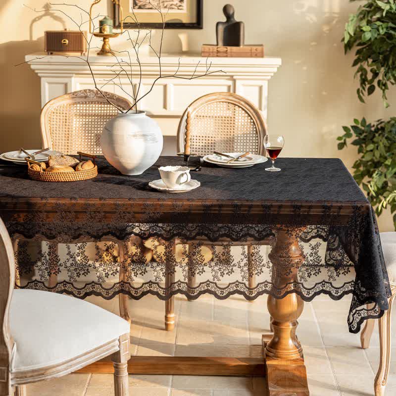 Tovaglia in pizzo jacquard floreale con bordo smerlato - Nero - 140cm x 300cm - image 9
