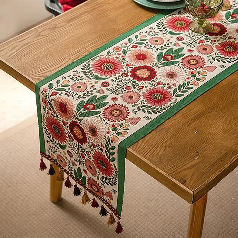 Runner da tavola con nappe in jacquard a fiori rosa - 35cm x 300cm - image 0