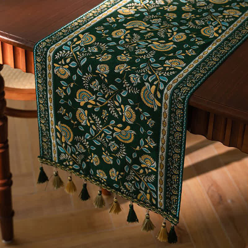 Runner da tavola vintage con nappe in jacquard a motivo rami. - image 7