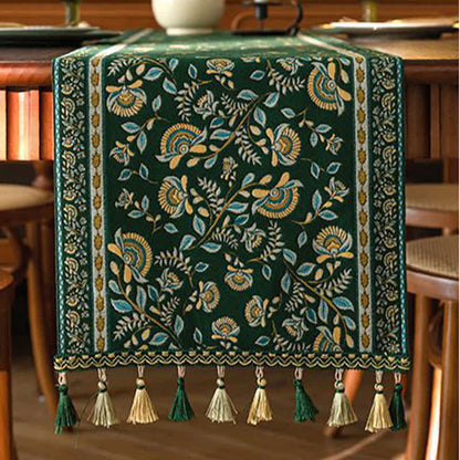Runner da tavola vintage con nappe in jacquard a motivo rami. - image 8