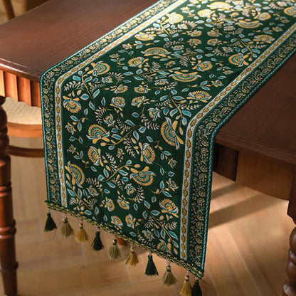 Runner da tavola vintage con nappe in jacquard a motivo rami. - Verde - 35cm x 300cm - image 5