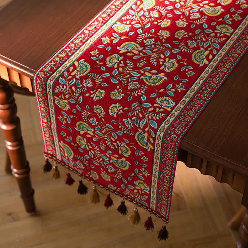 Runner da tavola vintage con nappe in jacquard a motivo rami. - Rosso - 35cm x 300cm - image 0