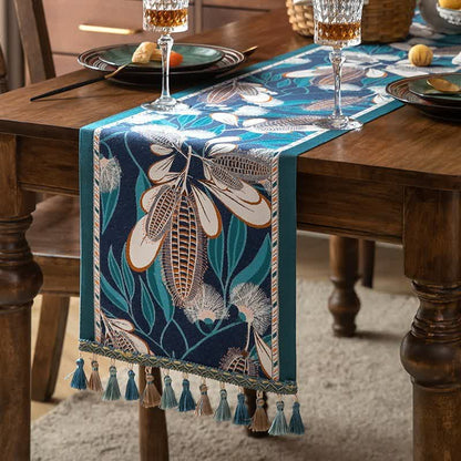 Runner da tavola artistico in jacquard di mais con nappe - Blu - 35cm x 300cm - image 4