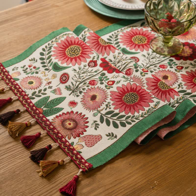 Runner da tavola con nappe in jacquard a fiori rosa - image 3