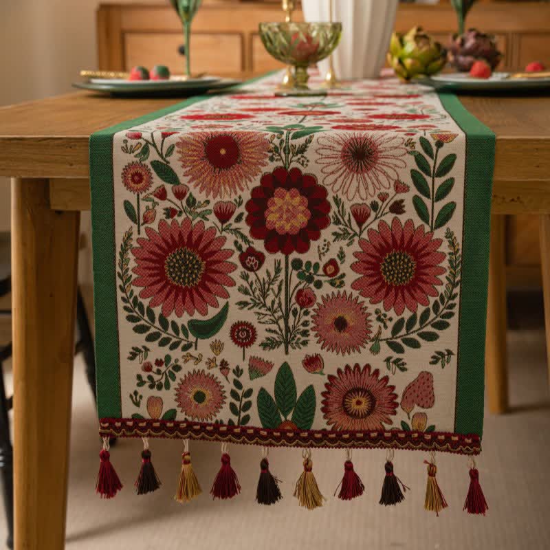 Runner da tavola con nappe in jacquard a fiori rosa - image 1