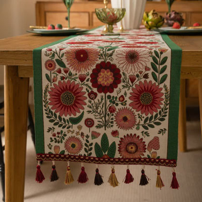 Runner da tavola con nappe in jacquard a fiori rosa - image 1