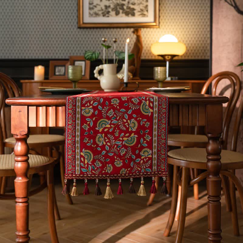Runner da tavola vintage con nappe in jacquard a motivo rami. - image 1