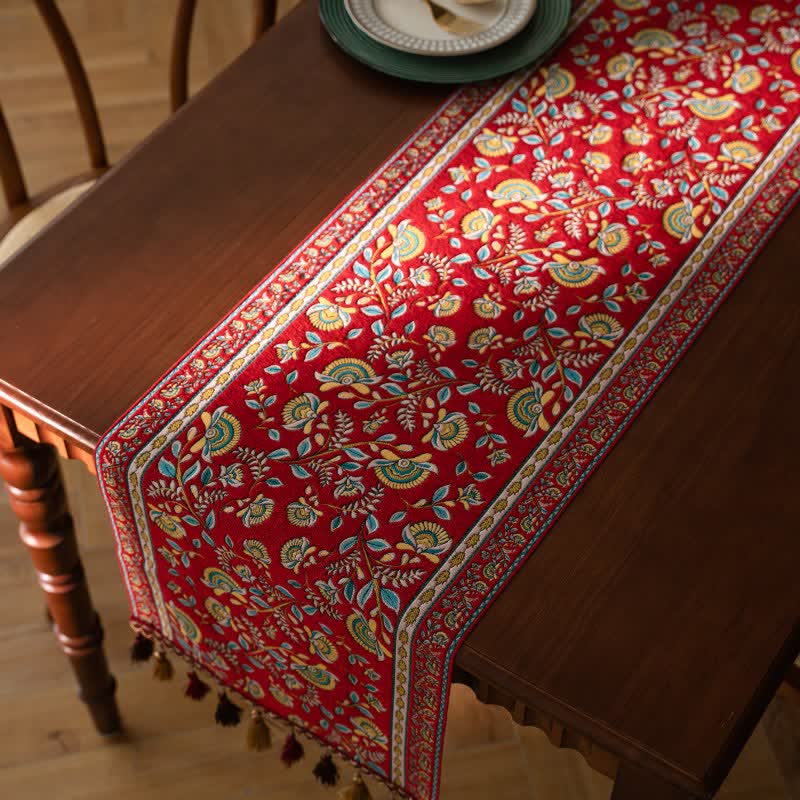 Runner da tavola vintage con nappe in jacquard a motivo rami. - image 2