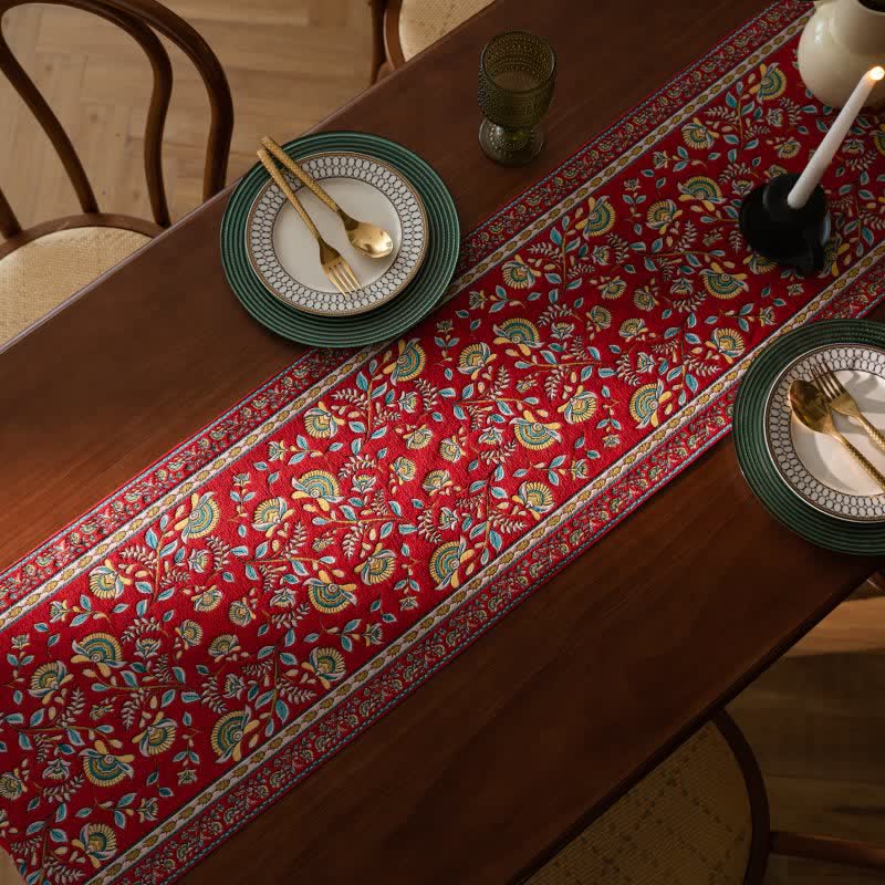 Runner da tavola vintage con nappe in jacquard a motivo rami. - image 3