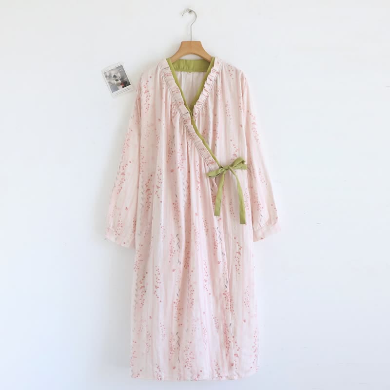 Kimono da notte in garza di cotone con stampa floreale a piccoli motivi - Rosa - L - image 0