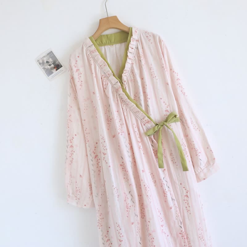 Kimono da notte in garza di cotone con stampa floreale a piccoli motivi - image 4