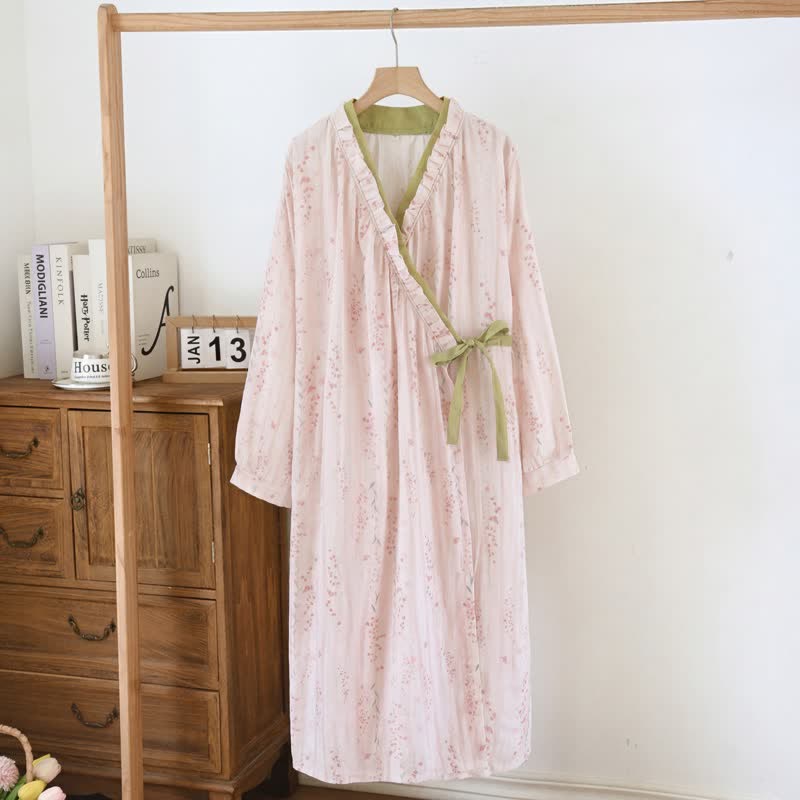 Kimono da notte in garza di cotone con stampa floreale a piccoli motivi - image 1