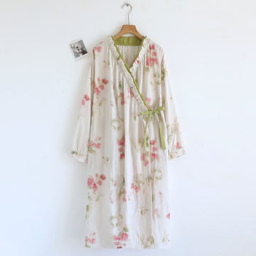 Kimono da notte in garza di cotone con stampa floreale ad acquerello. - Verde - L - image 0