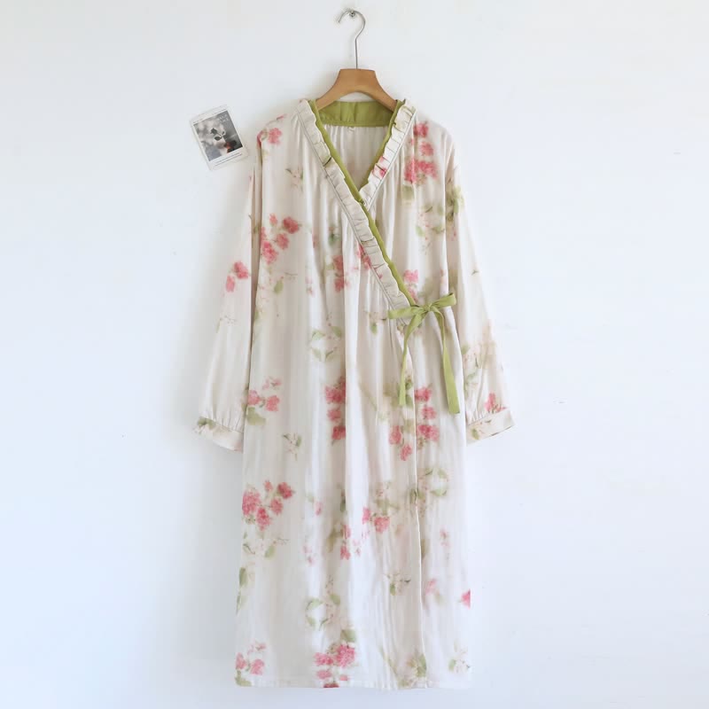 Kimono da notte in garza di cotone con stampa floreale ad acquerello. - Verde - L - image 0