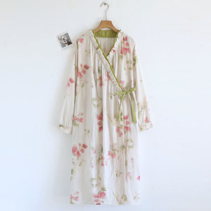 Kimono da notte in garza di cotone con stampa floreale ad acquerello. - Verde - L - image 0
