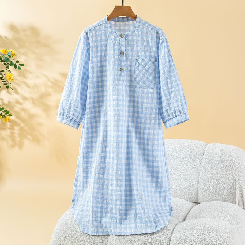 Camicia da notte classica a quadri in puro cotone - Blu - XL - image 5