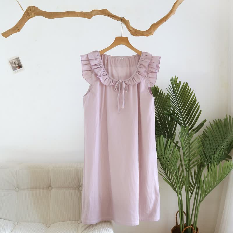 Camicia da notte in garza di cotone tinta unita con maniche a volant - Viola chiaro - XL - image 12