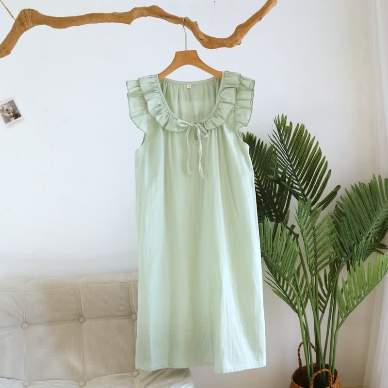 Camicia da notte in garza di cotone tinta unita con maniche a volant - Verde chiaro - XL - image 13
