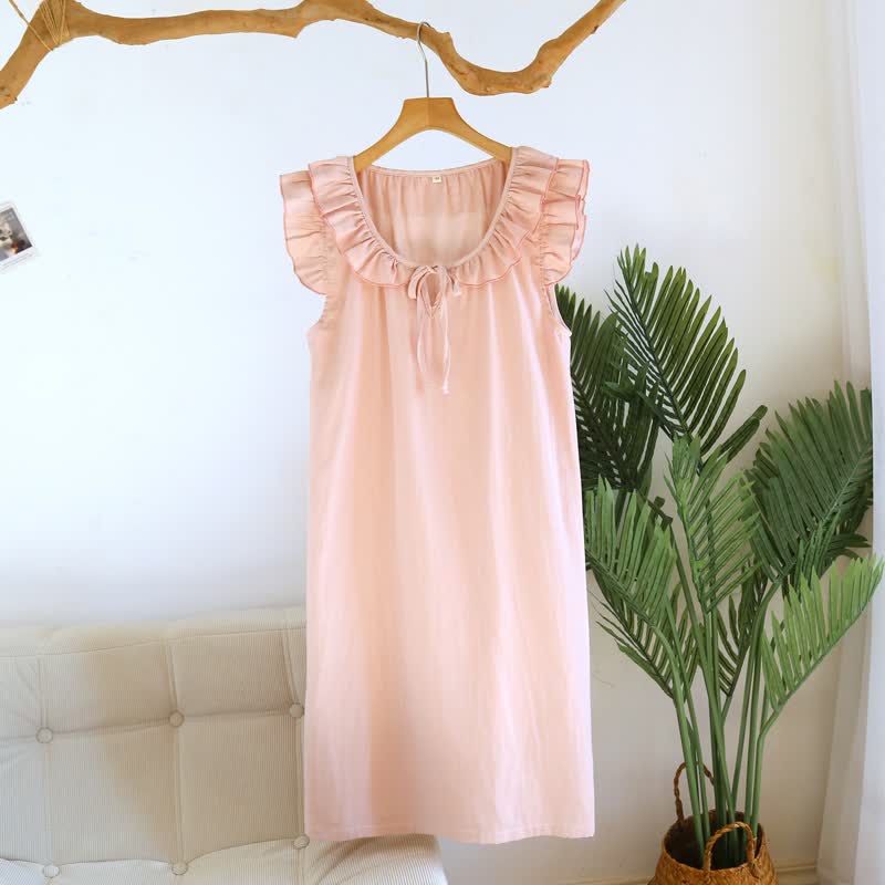 Camicia da notte in garza di cotone tinta unita con maniche a volant - Rosa - XL - image 4