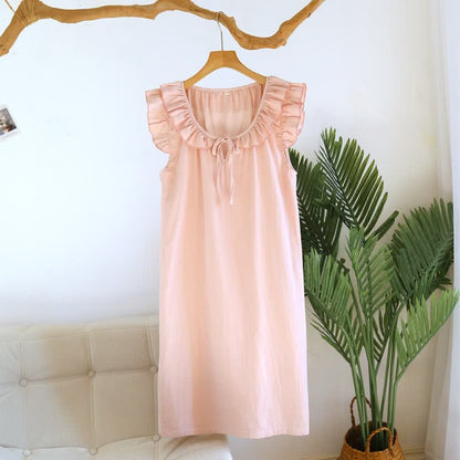 Camicia da notte in garza di cotone tinta unita con maniche a volant - Rosa - XL - image 4