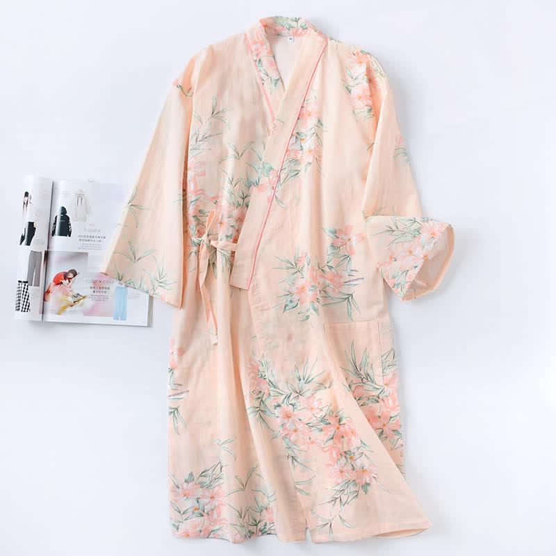 Kimono in garza di cotone a fantasia floreale rosa - Arancia - L - image 9