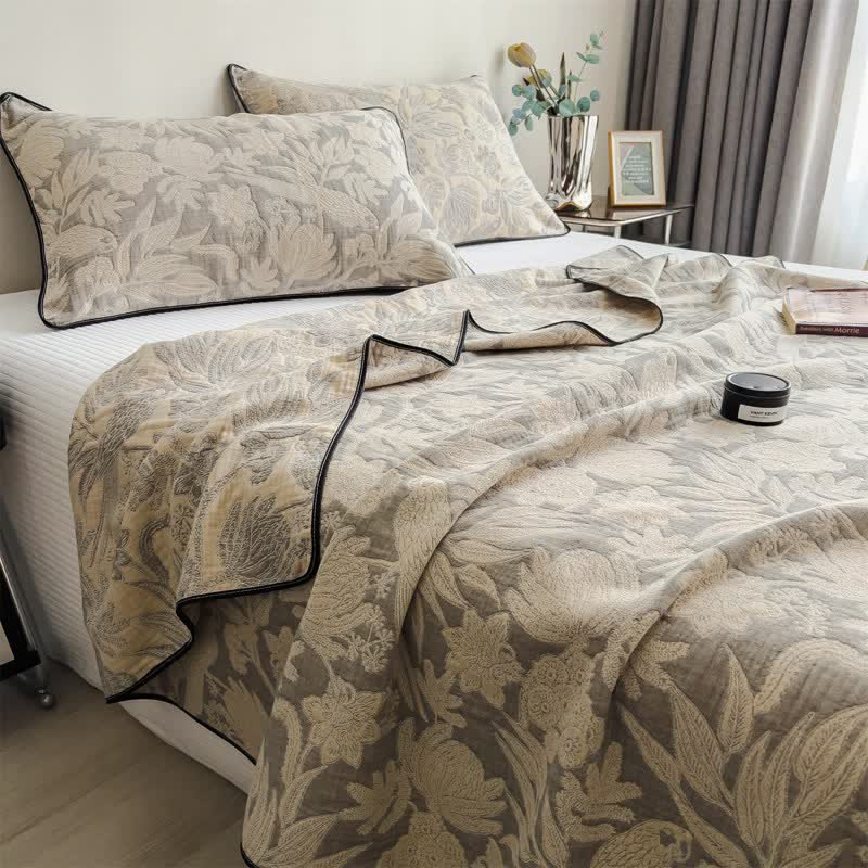 Trapunta in garza di cotone con motivo floreale e a foglie - Grigio - 2 federe - 48cm x 74cm - image 6