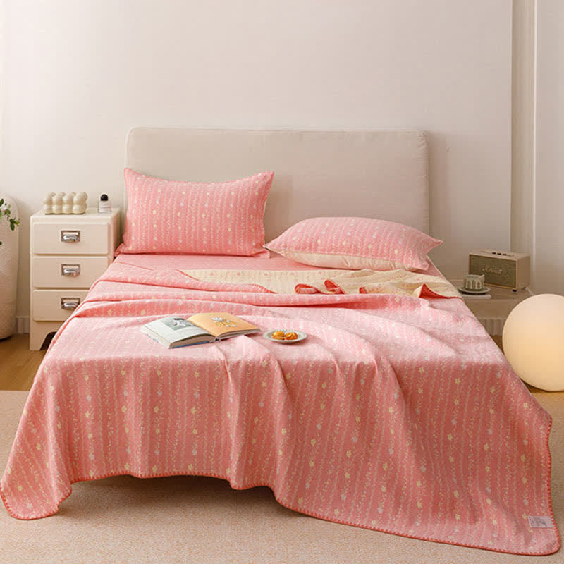 Trapunta/coperta in garza di cotone con motivo a foglie e strisce - Rosa - 2 federe - 48cm x 74cm - image 0