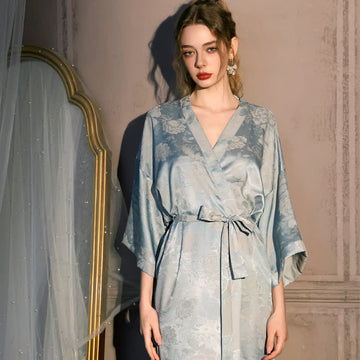 Kimono vestaglia a maniche a 3/4 con stampa floreale di peonie - Azzurro chiaro - Taglie forti - image 0