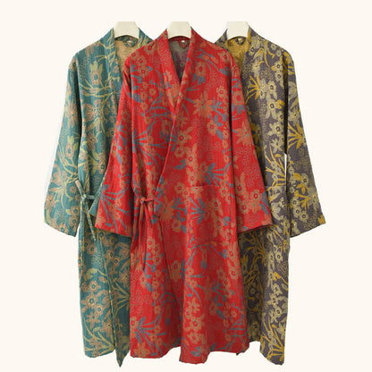 Kimono in cotone jacquard con motivo floreale pastorale - image 1