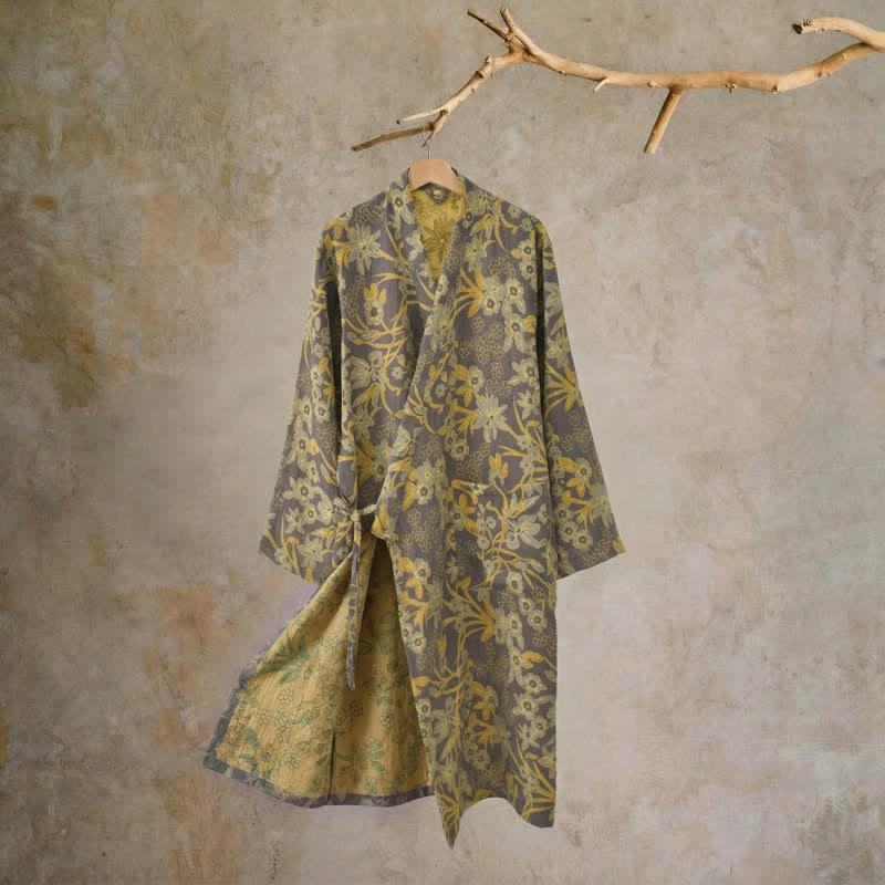 Kimono in cotone jacquard con motivo floreale pastorale - Marrone - 2XL - image 19