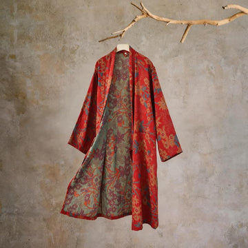 Kimono in cotone jacquard con motivo floreale pastorale - Rosso - 2XL - image 0