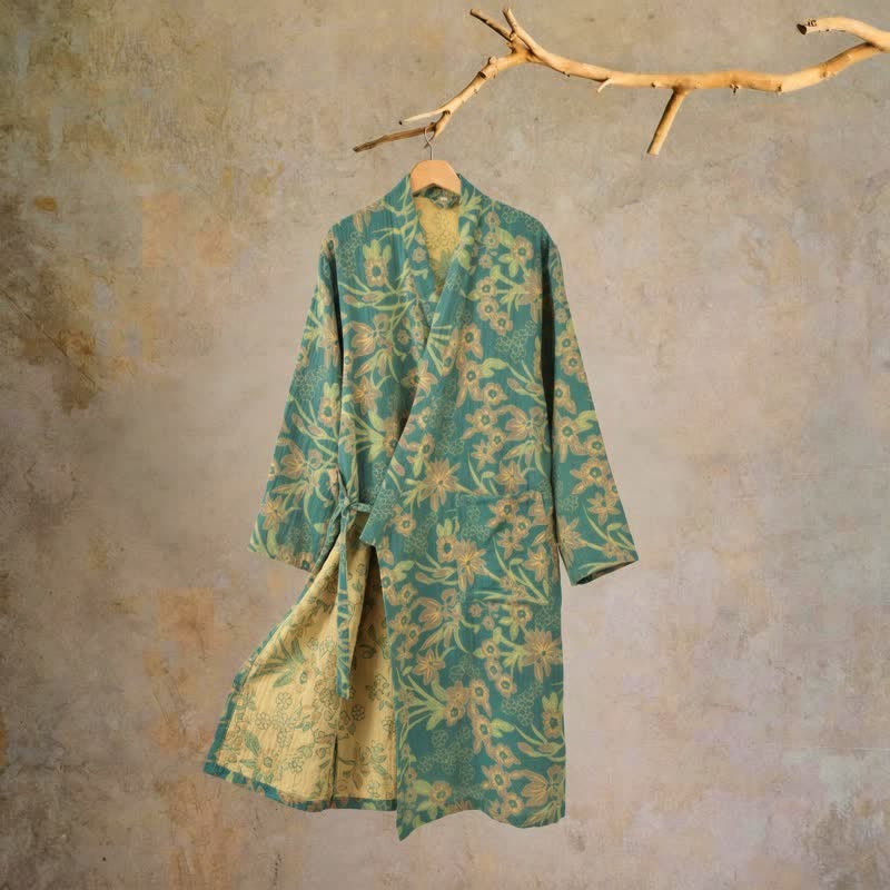 Kimono in cotone jacquard con motivo floreale pastorale - Verde - 2XL - image 6