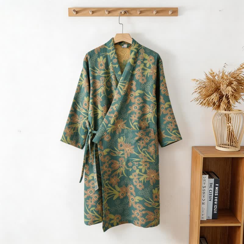 Kimono in cotone jacquard con motivo floreale pastorale - image 7