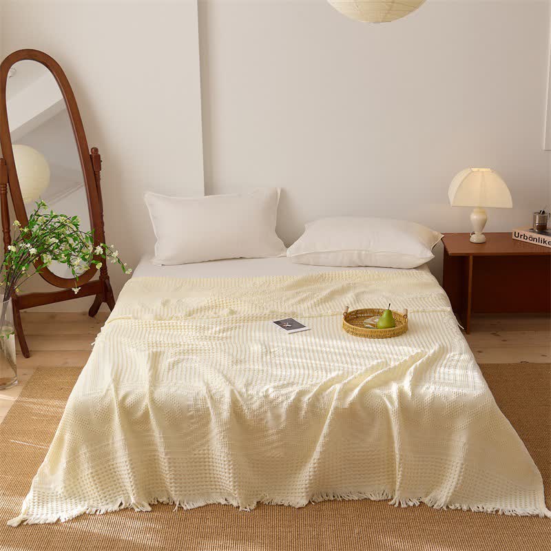 Trapunta/coperta con nappe in cotone a trama waffle. - Giallo - Matrimoniale - image 4