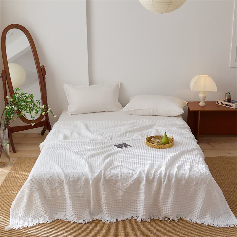 Trapunta/coperta con nappe in cotone a trama waffle. - Bianco - Matrimoniale - image 3