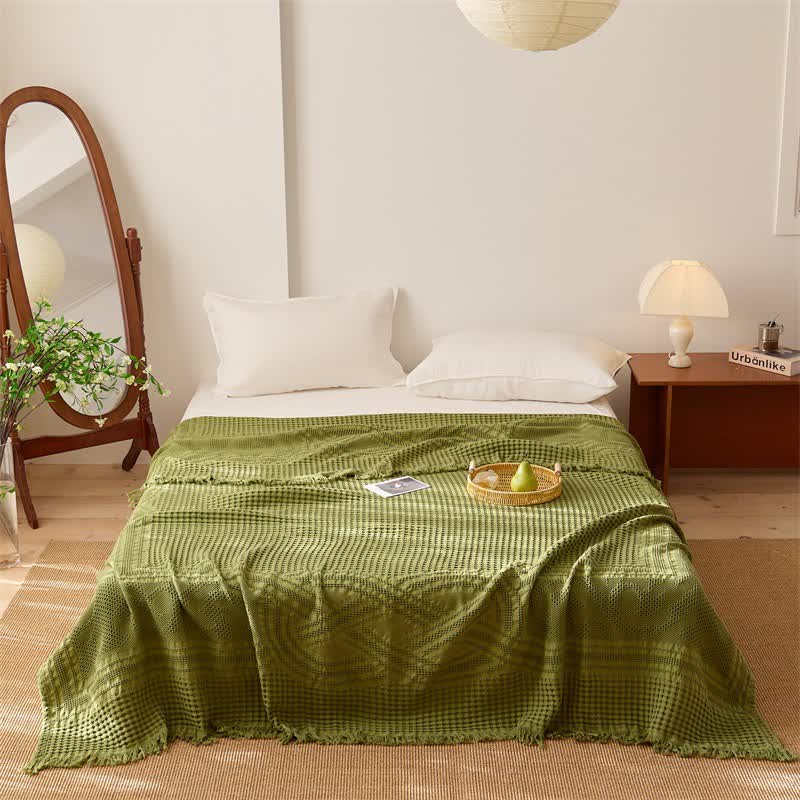 Trapunta/coperta con nappe in cotone a trama waffle. - Verde - Matrimoniale - image 6