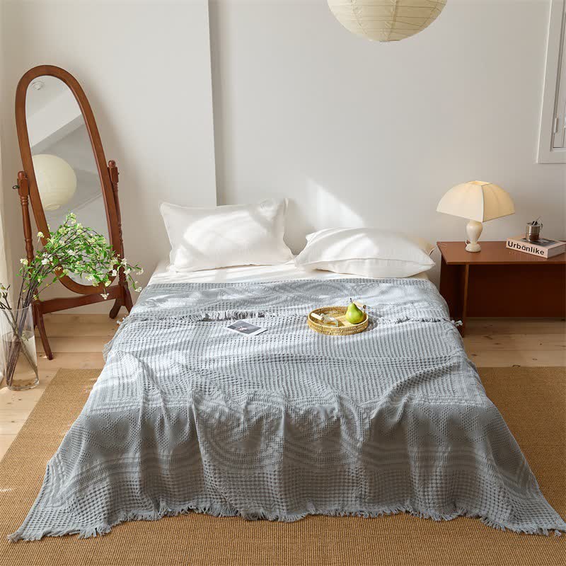 Trapunta/coperta con nappe in cotone a trama waffle. - Grigio - Matrimoniale - image 7