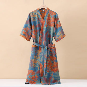 Accappatoio artistico in doppia garza di cotone vegetale - Blu e arancione - XL - image 0