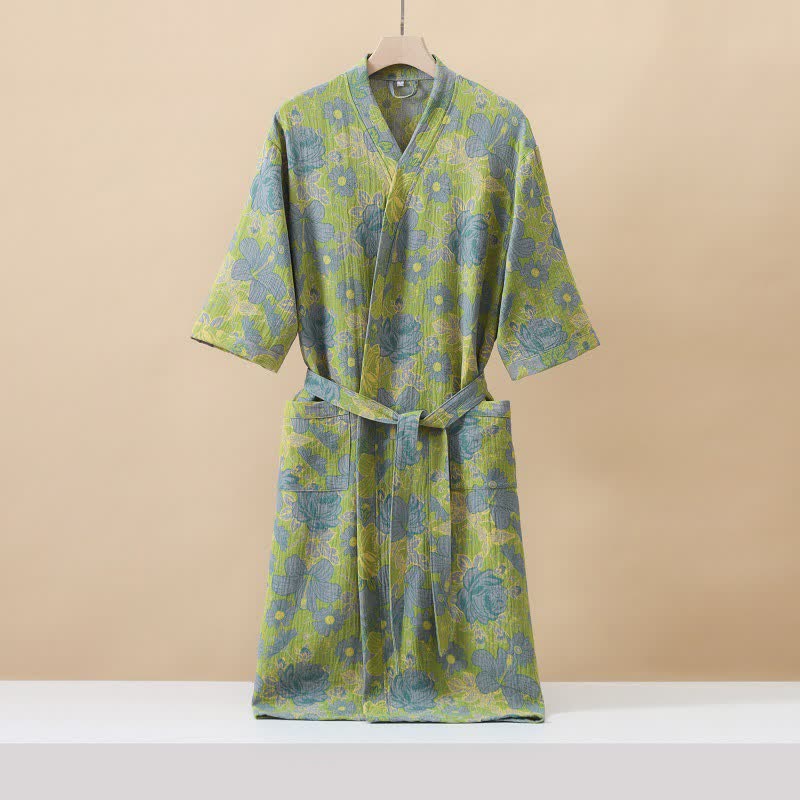 Accappatoio in doppia garza di cotone con stampa floreale verde - Verde - XL - image 0