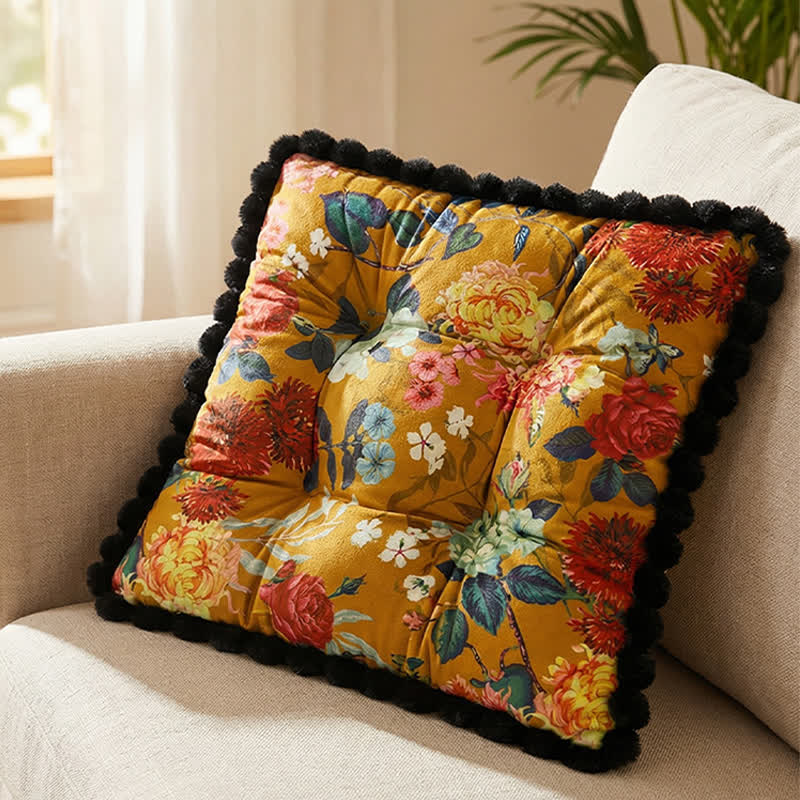 Cuscino da seduta vintage con motivo floreale e bordo a pon-pon. - Giallo - 40cm x 40cm x 10cm - image 4
