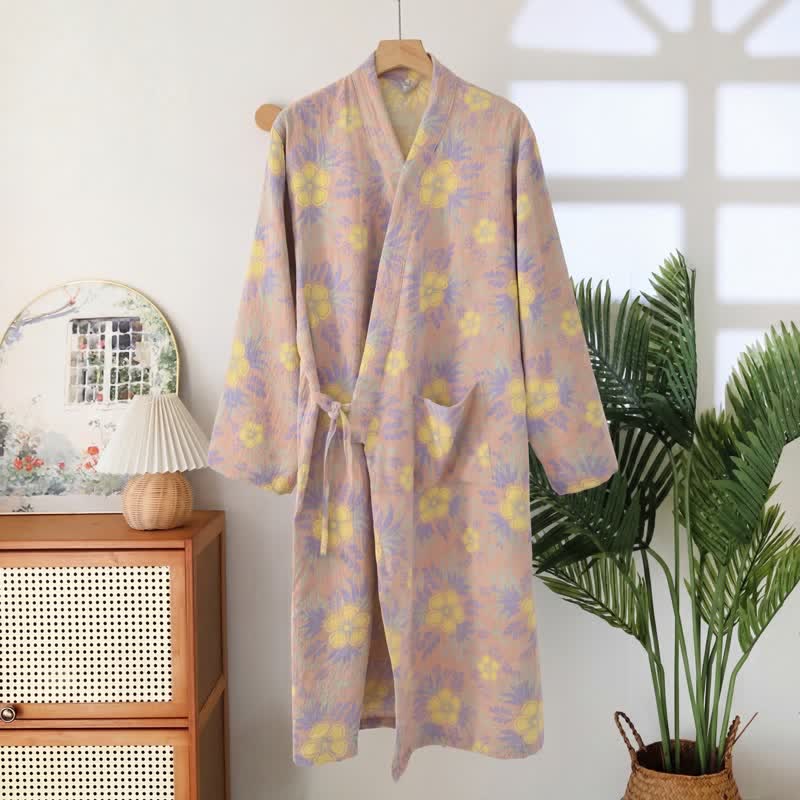 Kimono in doppia garza di cotone con motivo a fiori di pesco - Rosa chiaro - 2XL - image 4