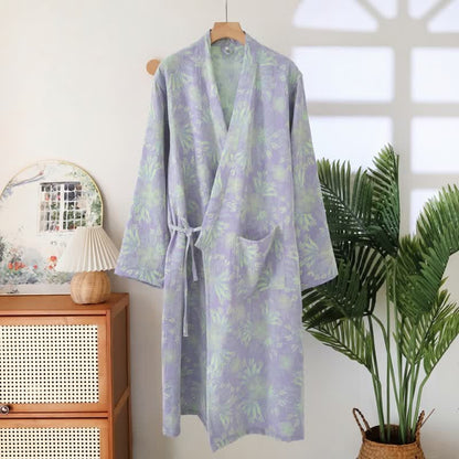 Kimono in doppia garza di cotone con motivo a fiori di pesco - Viola - 2XL - image 1