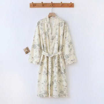 Kimono in cotone e lino con stampa floreale pastorale - Beige - 2XL - image 0