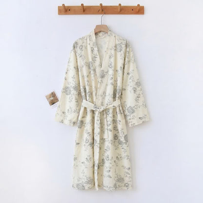 Kimono in cotone e lino con stampa floreale pastorale - Beige - 2XL - image 0