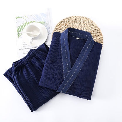Completo pigiama kimono in garza di cotone blu navy - image 3