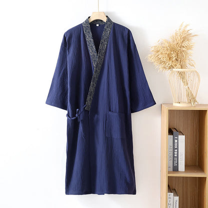 Accappatoio classico in garza di cotone con finiture decorative. - Blu navy - XL - image 11