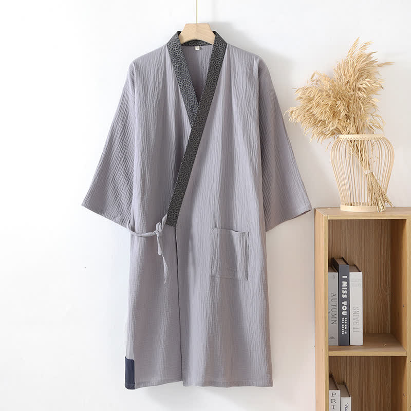 Accappatoio classico in garza di cotone con finiture decorative. - Grigio - XL - image 1