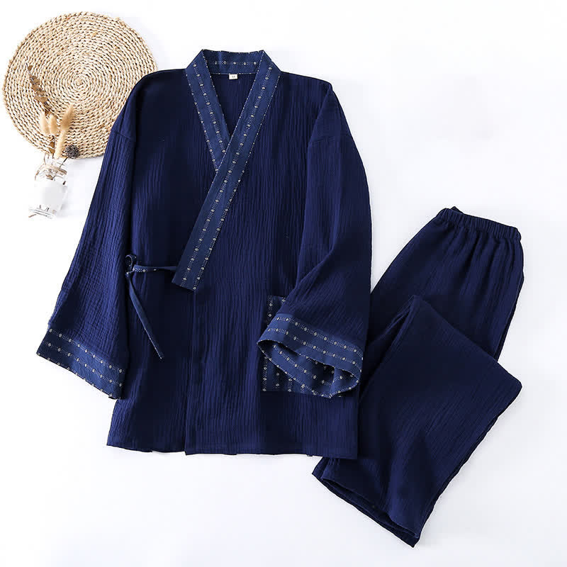 Completo pigiama kimono in garza di cotone blu navy - image 1