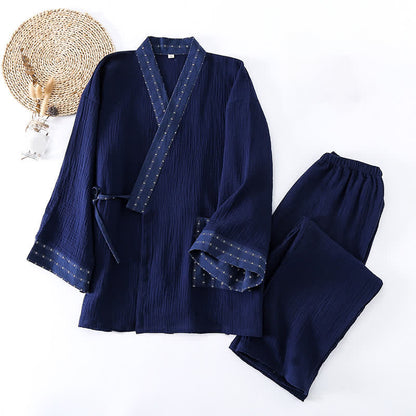 Completo pigiama kimono in garza di cotone blu navy - image 1